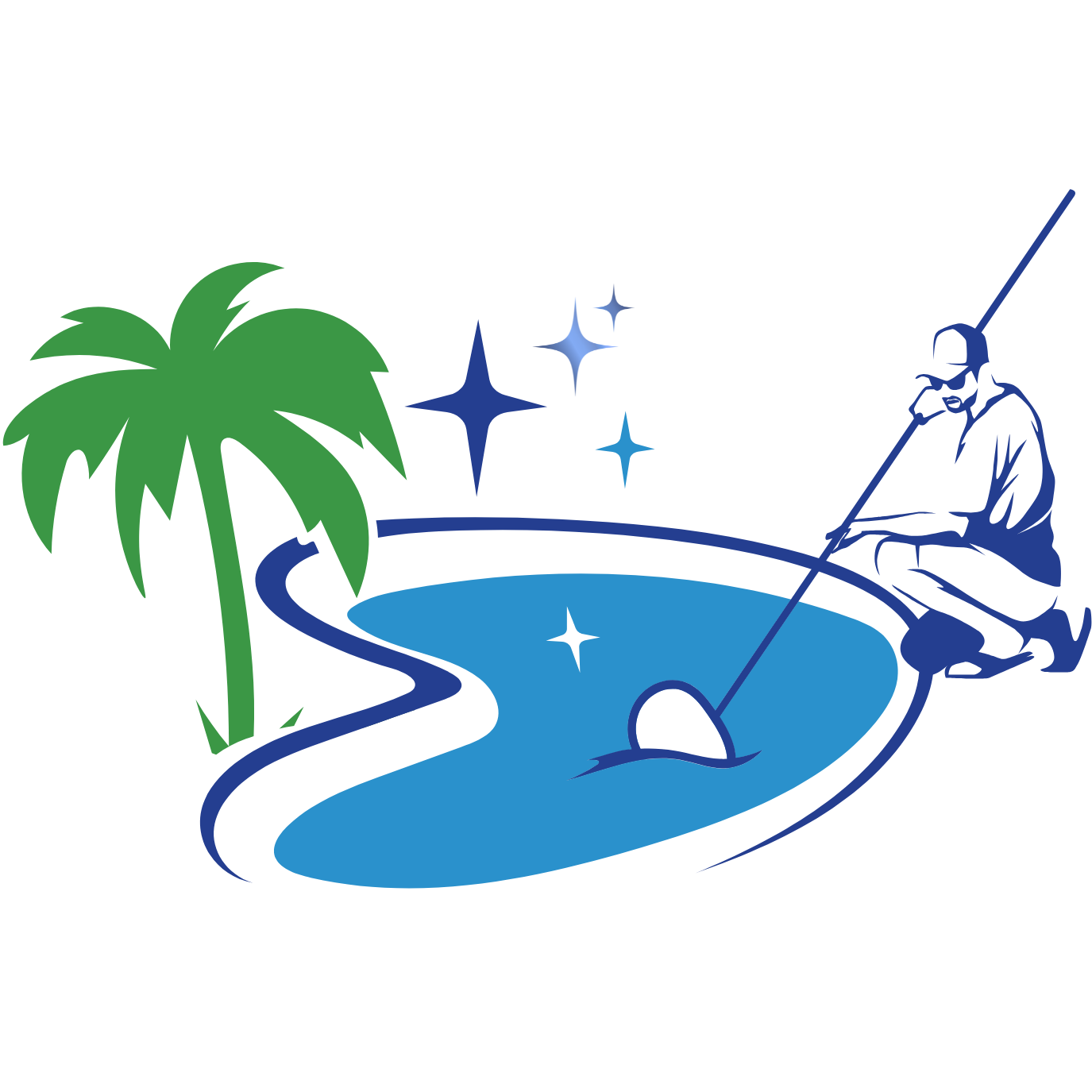Guy cleaning pool with tree graphic